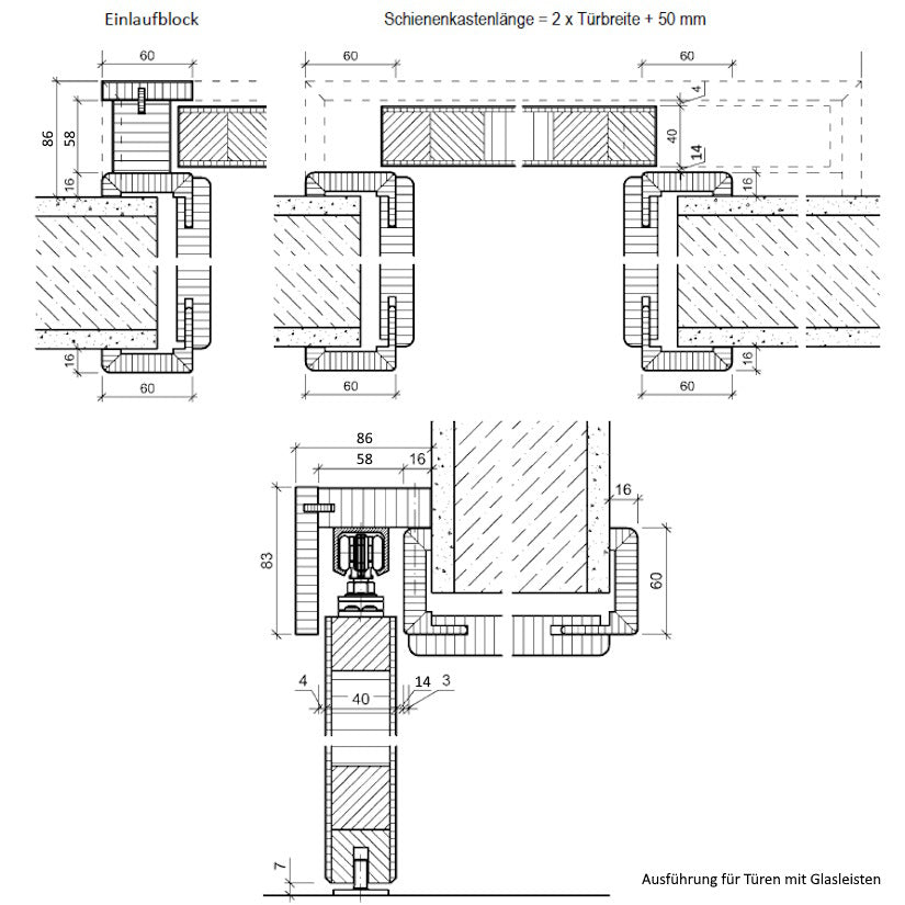 Schiebetür mit Schiebetürzarge Rundkante 60 mm Bekleidung mit Lichtausschnitt soft-weiß 2 breite Rillen - Modell Designtür QB21LAM