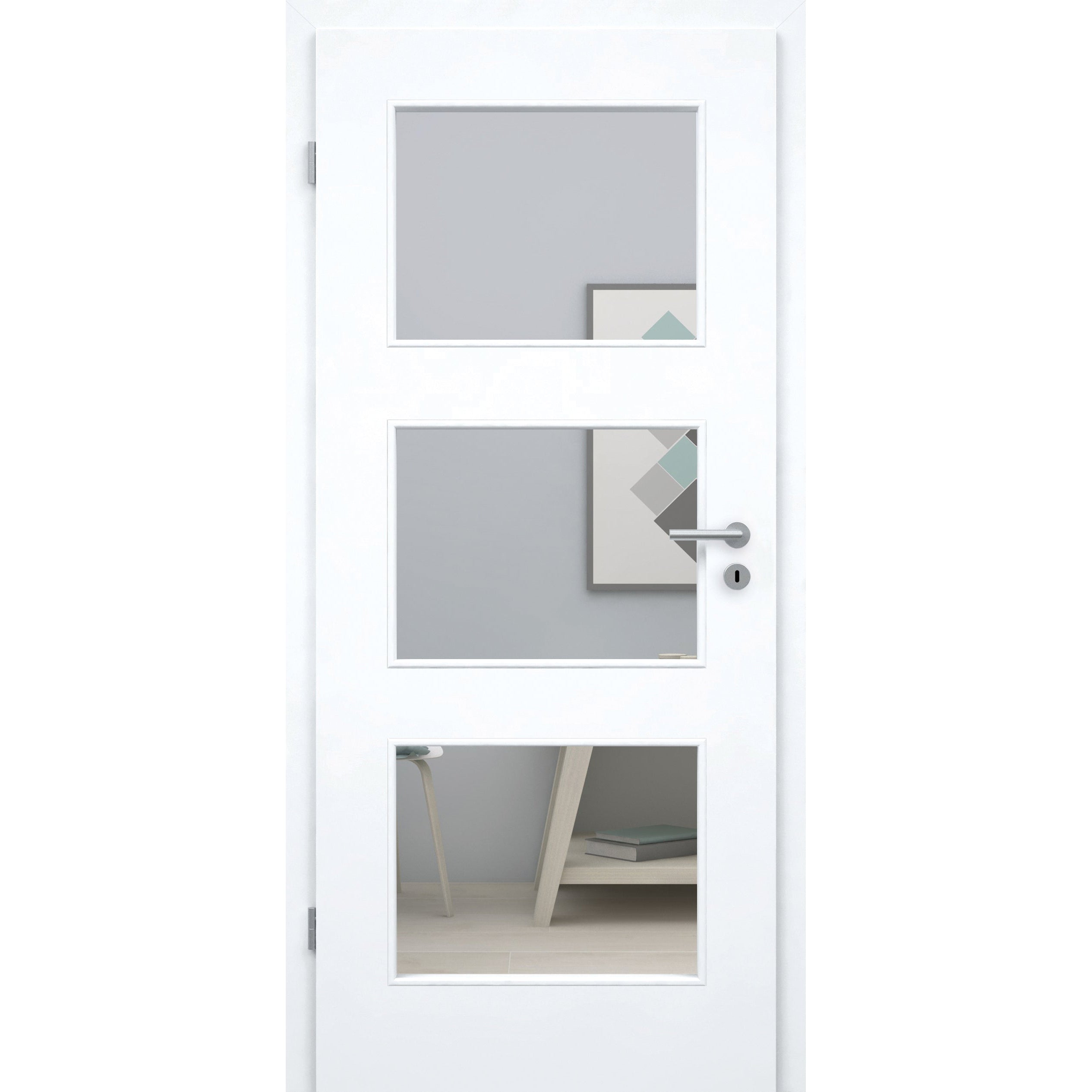 Zimmertür mit Zarge brillant-weiß Stiltür mit 3 Kassetten und Lichtausschnitt Designkante - Modell Stiltür M33LA3