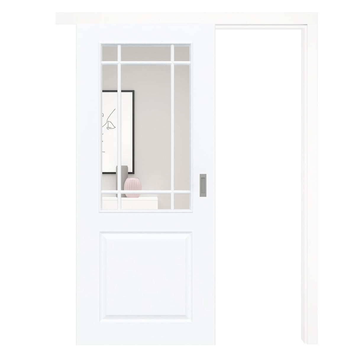 Schiebetür mit Schiebetürzarge mit Lichtausschnitt mit Sprossenrahmen klassisch brillant-weiß 2 Kassetten - Modell Stiltür K23LASPK