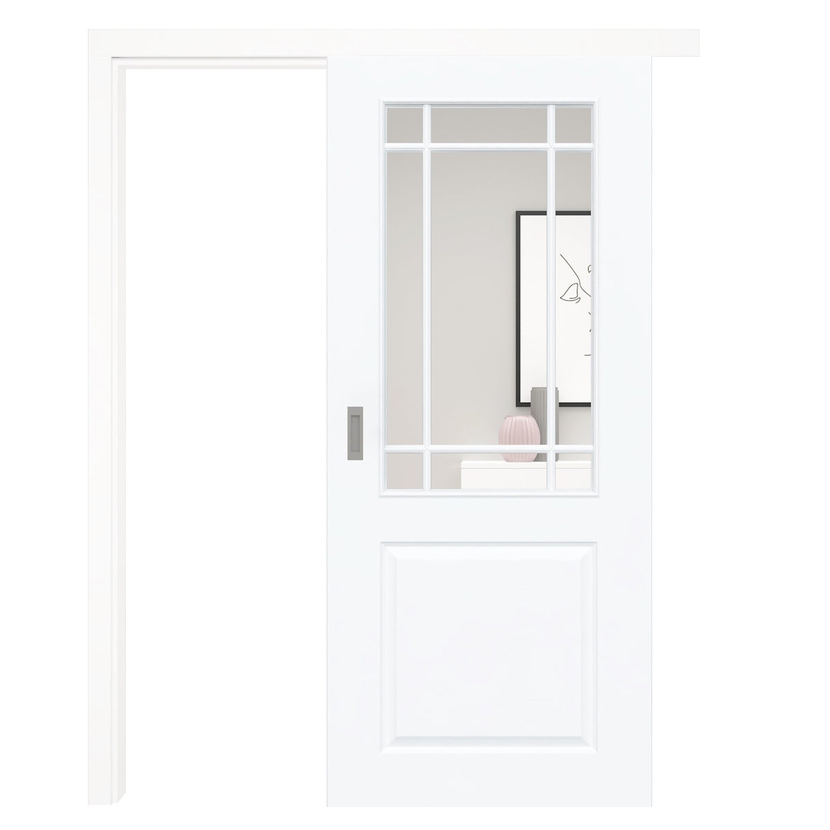 Schiebetür mit Schiebetürzarge mit Lichtausschnitt mit Sprossenrahmen klassisch brillant-weiß 2 Kassetten - Modell Stiltür K23LASPK