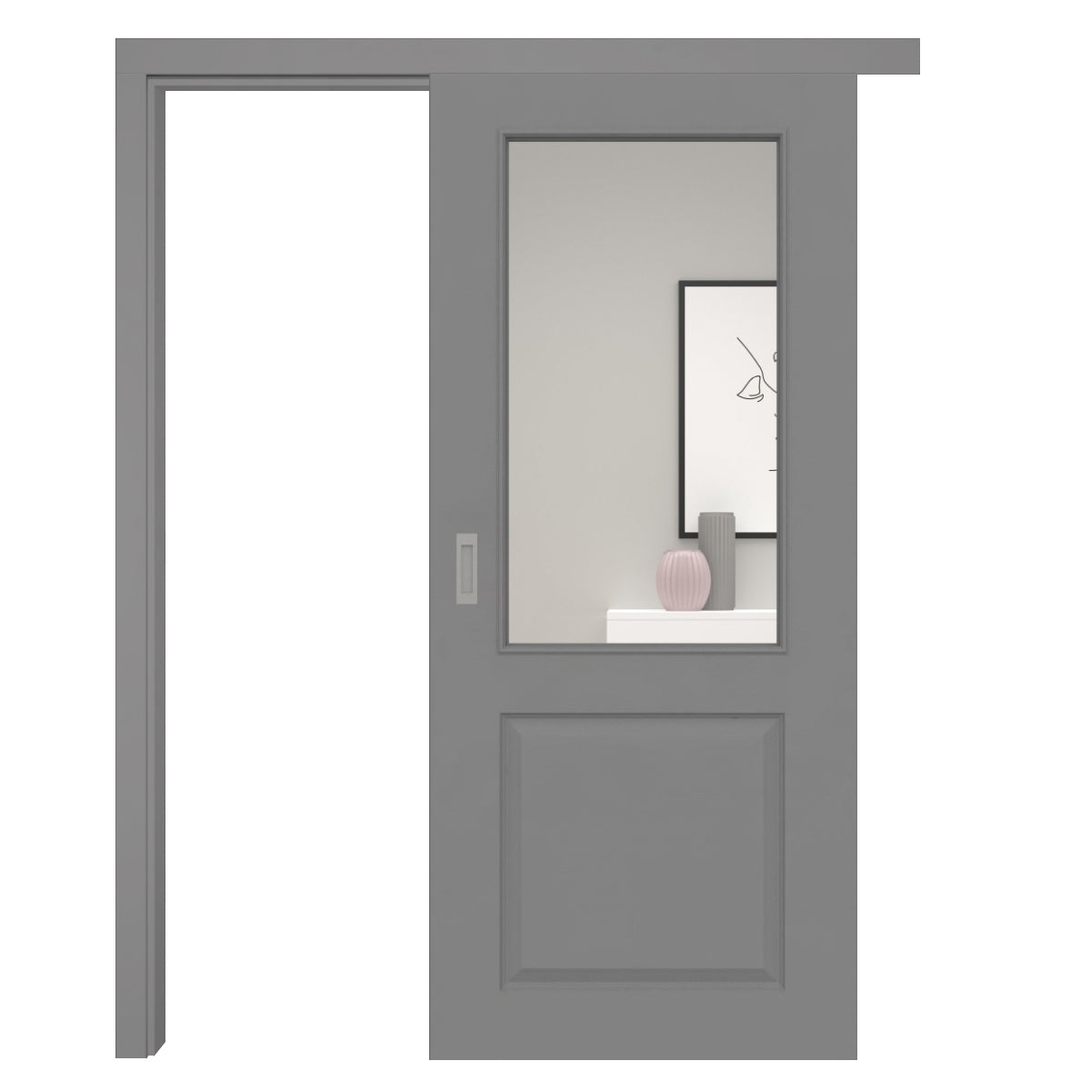 Schiebetür mit Schiebetürzarge mit Lichtausschnitt grau 2 Kassetten - Modell Stiltür K27LA