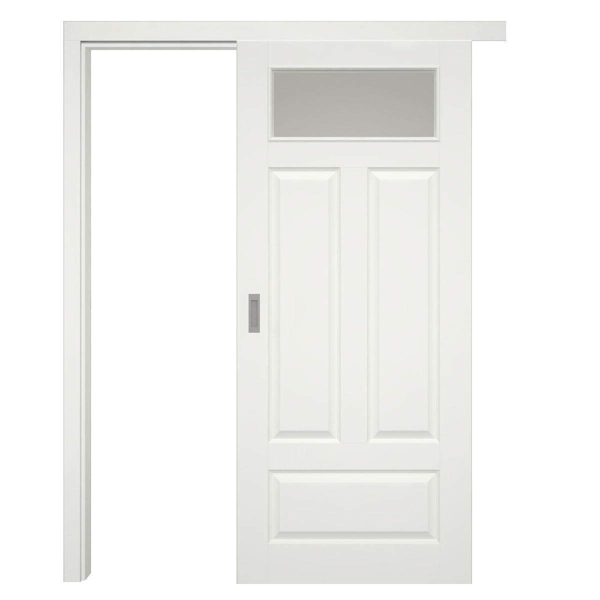 Schiebetür mit Schiebetürzarge Rundkante 60 mm Bekleidung mit Lichtausschnitt soft-weiß 4 Kassetten Quer - Modell Stiltür KQ41LAO