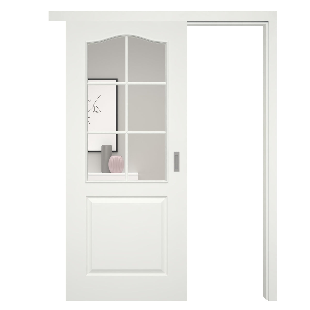Schiebetür mit Schiebetürzarge Rundkante 60 mm Bekleidung mit Lichtausschnitt mit Sprossenrahmen standard soft-weiß 2 Kassetten Schweifbogen - Modell Stiltür KS21LASPS