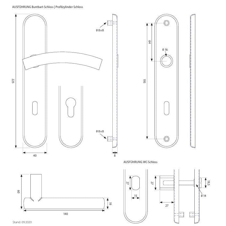 Langschildgarnitur rund L-Form geschwungen Modell Sylora Edelstahl geschraubt Klasse 1