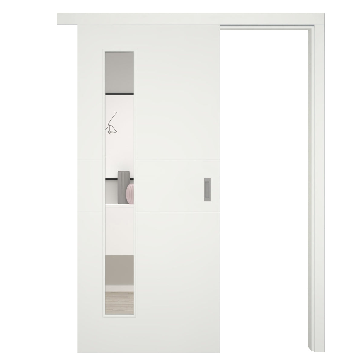 Schiebetür mit Schiebetürzarge Rundkante 60 mm Bekleidung mit Lichtausschnitt soft-weiß 2 Rillen - Modell Designtür Q21LAB