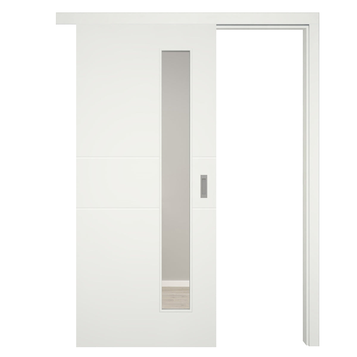 Schiebetür mit Schiebetürzarge Designkante 70 mm Bekleidung mit Lichtausschnitt soft-weiß 2 Rillen - Modell Designtür Q21LAS