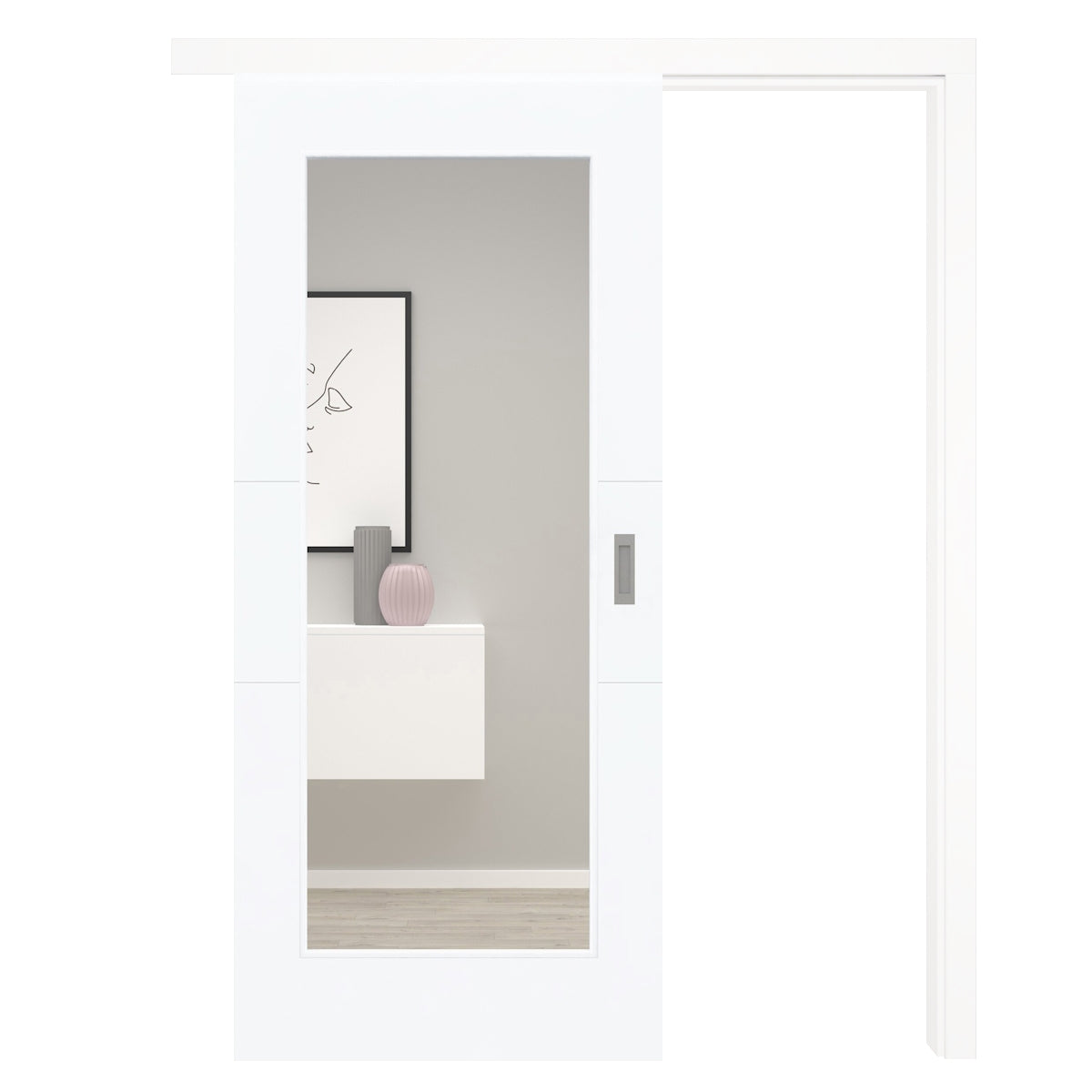 Schiebetür mit Schiebetürzarge mit Lichtausschnitt brillant-weiß 2 Rillen quer - Modell Designtür Q23LA