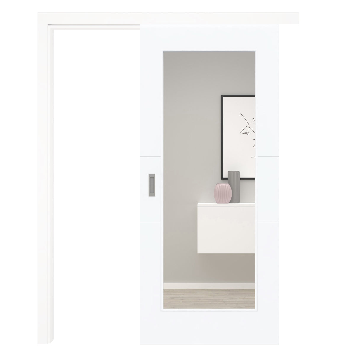 Schiebetür mit Schiebetürzarge mit Lichtausschnitt brillant-weiß 2 Rillen quer - Modell Designtür Q23LA