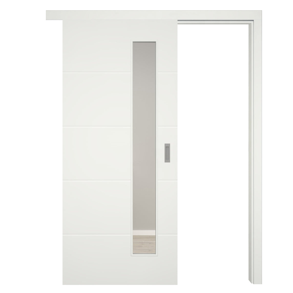 Schiebetür mit Schiebetürzarge Designkante 70 mm Bekleidung mit Lichtausschnitt soft-weiß 4 Rillen - Modell Designtür Q41LAS