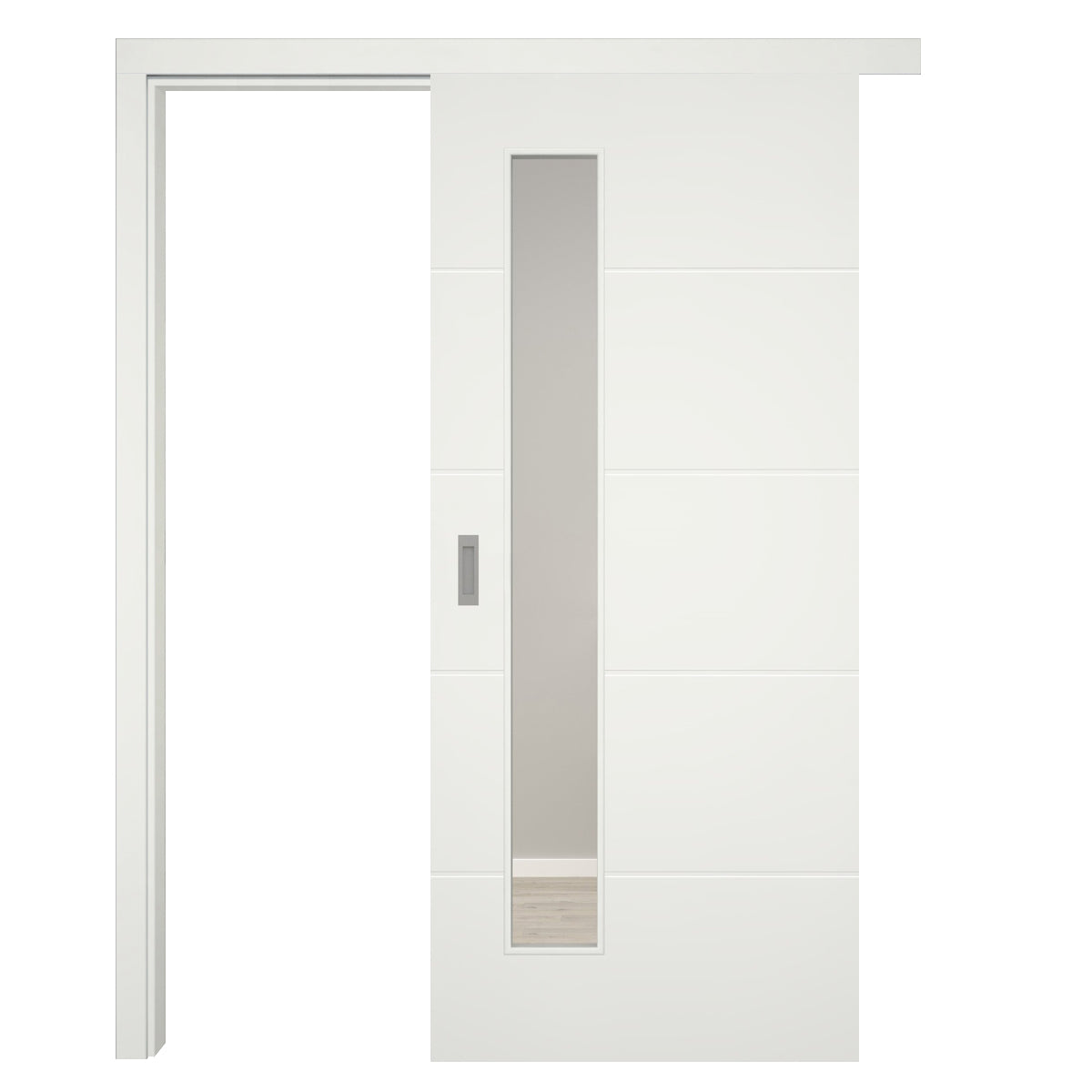 Schiebetür mit Schiebetürzarge Rundkante 60 mm Bekleidung mit Lichtausschnitt soft-weiß 4 Rillen - Modell Designtür Q41LAS