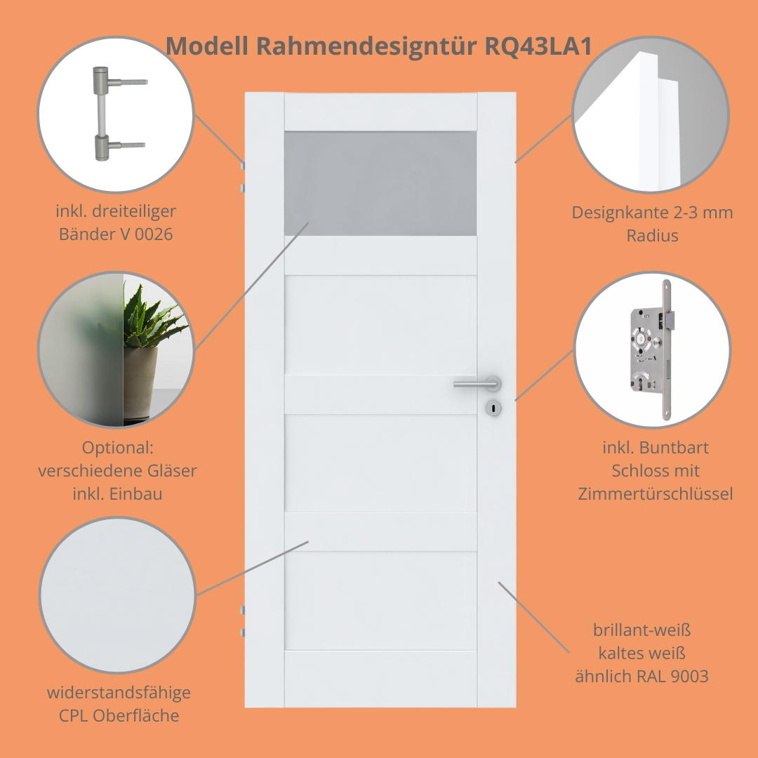 Zimmertür CPL brillant-weiß Rahmendesigntür mit 4 Kassetten und Lichtausschnitt Designkante - Modell Stiltür RQ43LA1