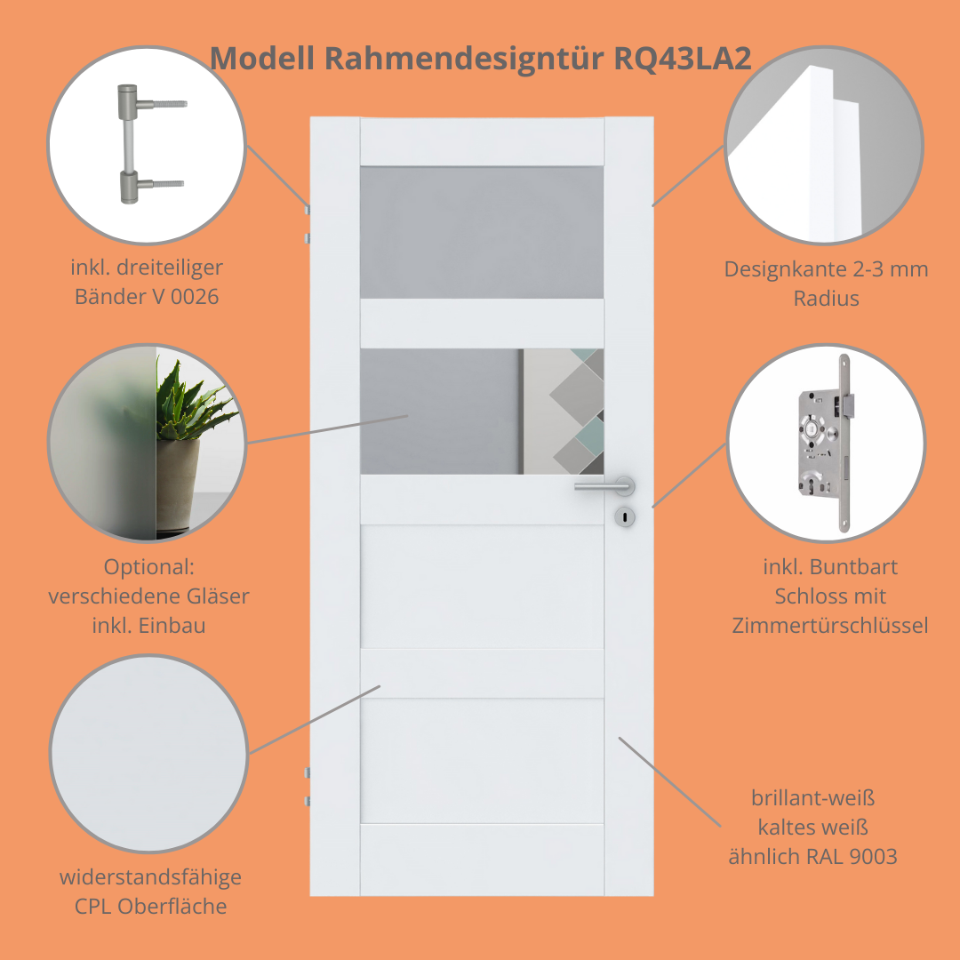 Zimmertür CPL brillant-weiß Rahmendesigntür mit 4 Kassetten und Lichtausschnitt Designkante - Modell Stiltür RQ43LA2