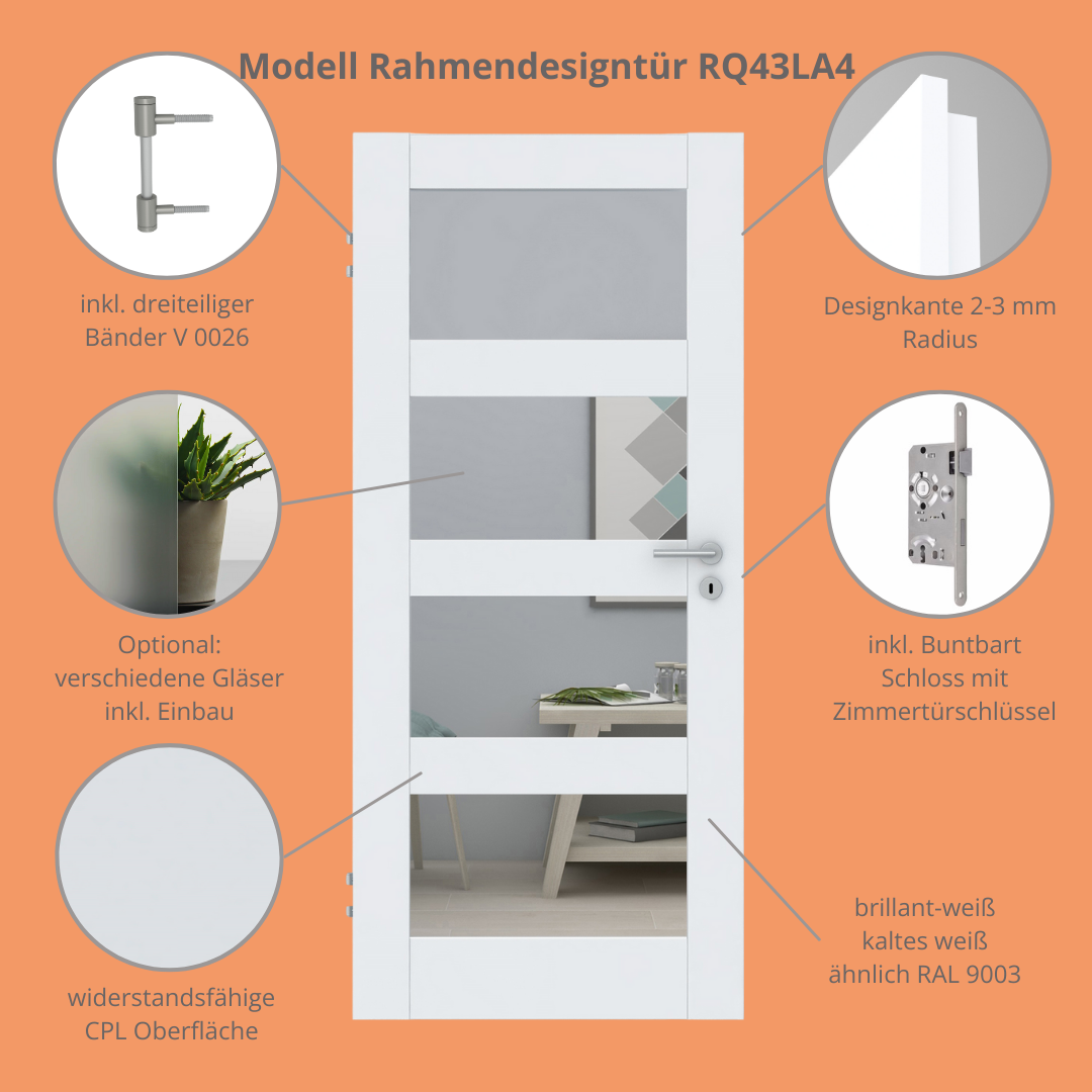 Zimmertür CPL brillant-weiß Rahmendesigntür mit 4 Kassetten und Lichtausschnitt Designkante - Modell Stiltür RQ43LA4