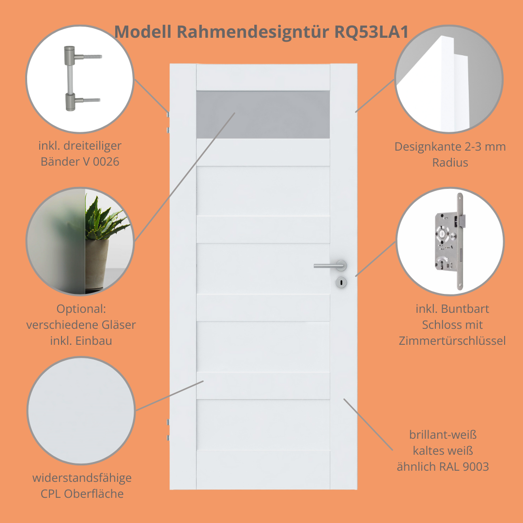 Zimmertür CPL brillant-weiß Rahmendesigntür mit 5 Kassetten und Lichtausschnitt Designkante - Modell Stiltür RQ53LA1