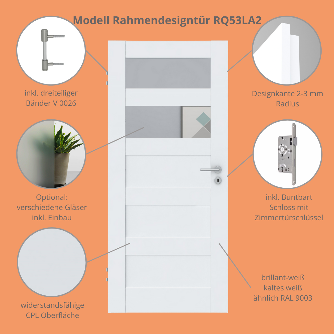 Zimmertür CPL brillant-weiß Rahmendesigntür mit 5 Kassetten und Lichtausschnitt Designkante - Modell Stiltür RQ53LA2