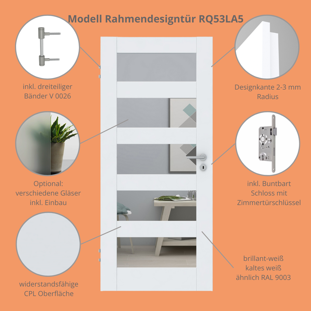 Zimmertür CPL brillant-weiß Rahmendesigntür mit 5 Kassetten und Lichtausschnitt Designkante - Modell Stiltür RQ53LA5