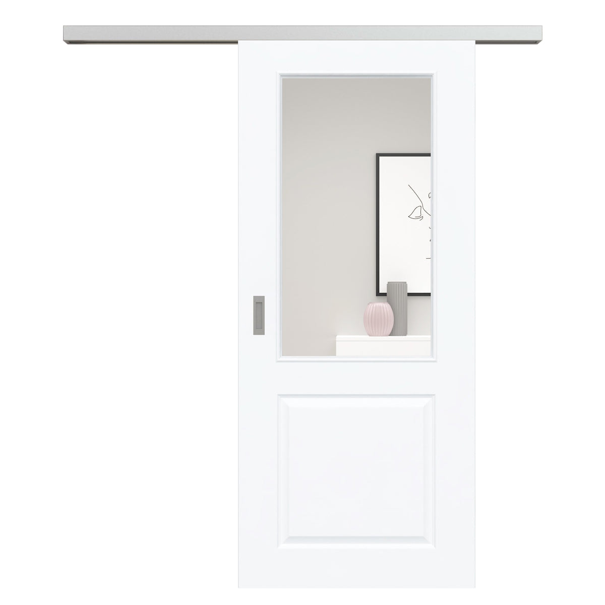 Schiebetür für Set mit Edelstahllaufkasten mit Lichtausschnitt brillant-weiß 2 Kassetten - Modell Stiltür K23LA