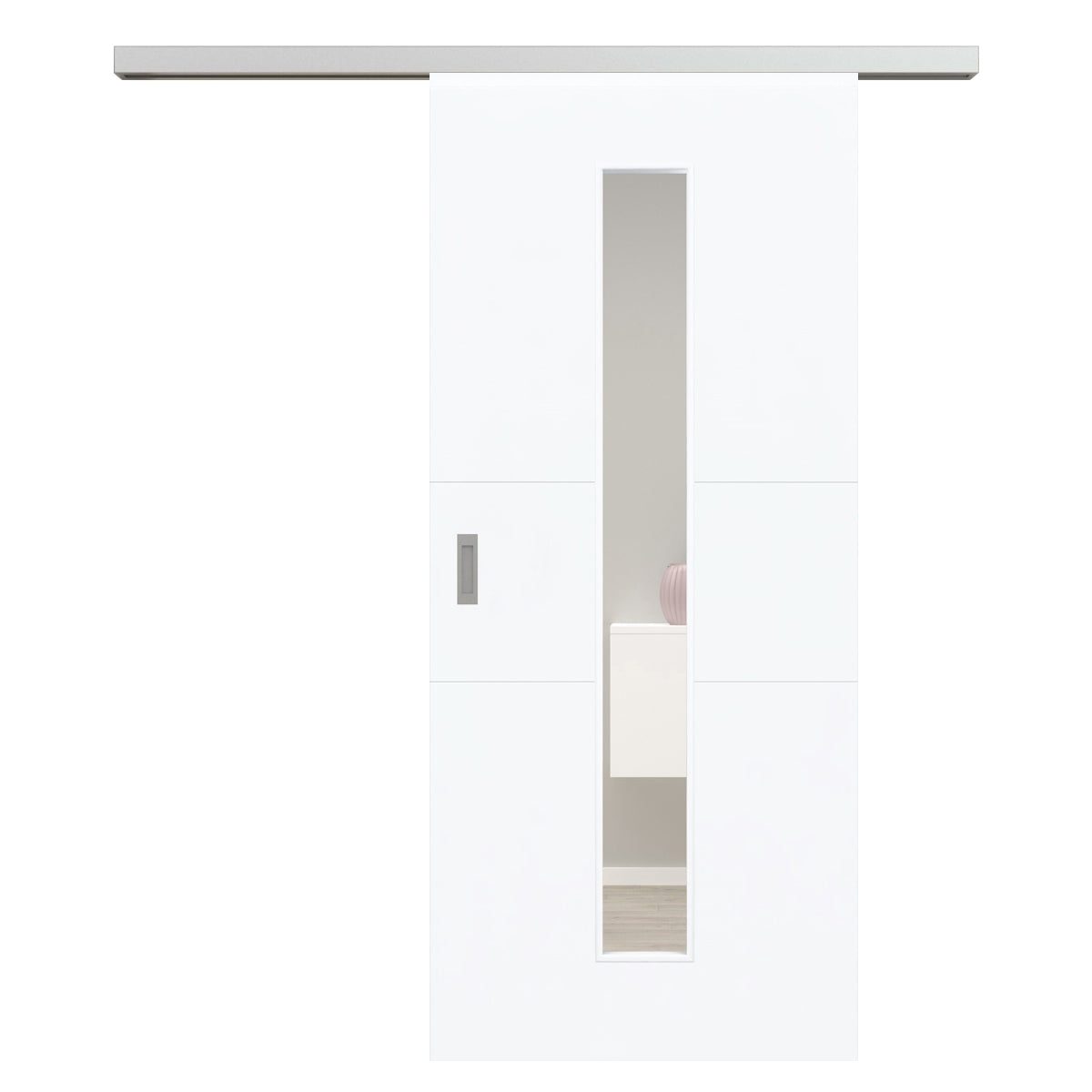 Schiebetür für Set mit Edelstahllaufkasten mit Lichtausschnitt brillant-weiß 2 Rillen quer - Modell Designtür Q23LAM