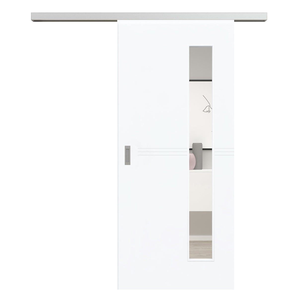 Schiebetür für Set mit Edelstahllaufkasten mit Lichtausschnitt brillant-weiß 3 Rillen - Modell Designtür Q33LAB