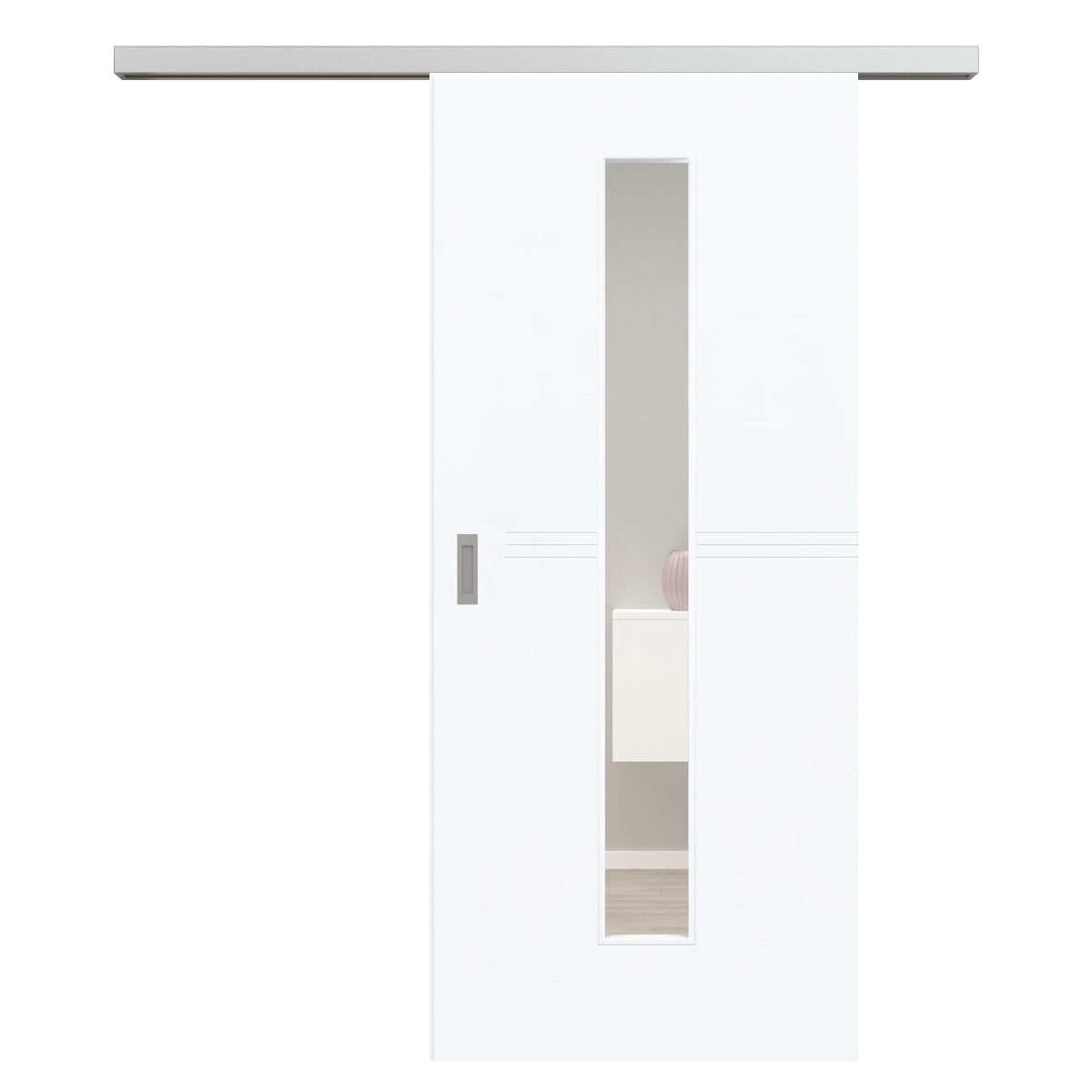 Schiebetür für Set mit Edelstahllaufkasten mit Lichtausschnitt brillant-weiß 3 Rillen - Modell Designtür Q33LAM