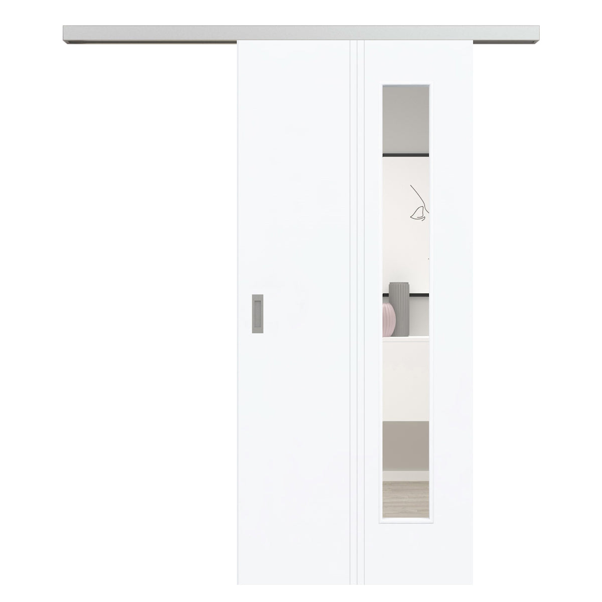 Schiebetür für Set mit Edelstahllaufkasten mit Lichtausschnitt brillant-weiß 3 Rillen aufrecht - Modell Designtür VM33LAB