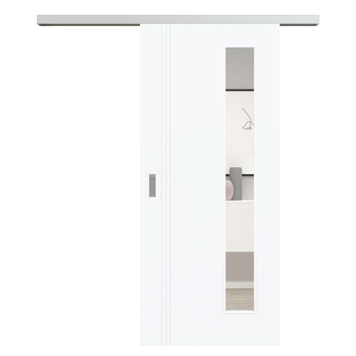 Schiebetür für Set mit Edelstahllaufkasten mit Lichtausschnitt brillant-weiß 3 Rillen aufrecht Schlossseite - Modell Designtür VS33LAB