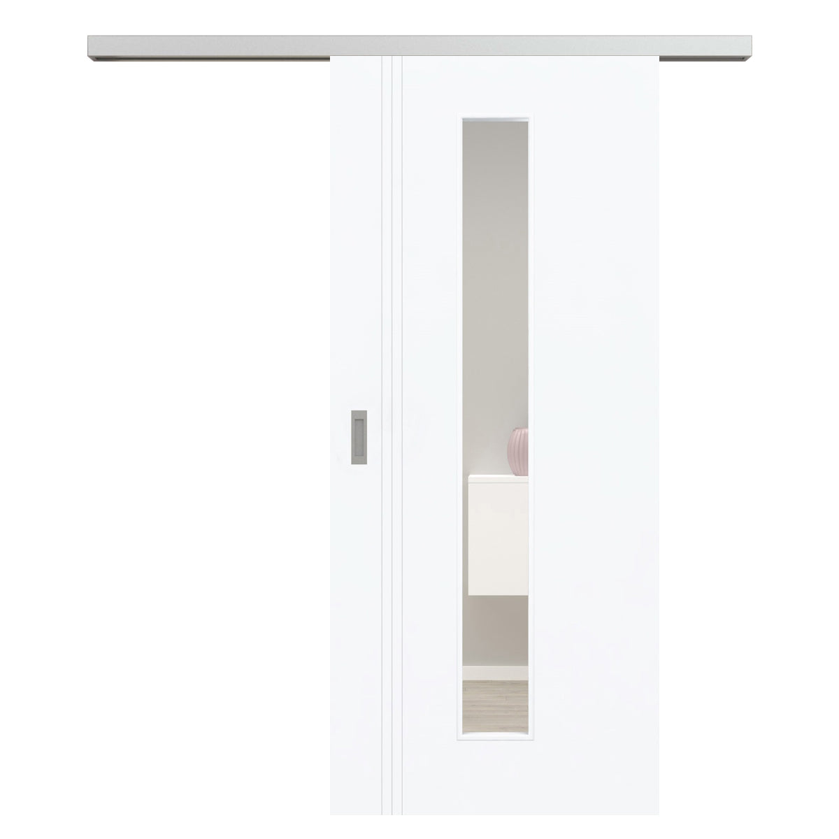 Schiebetür für Set mit Edelstahllaufkasten mit Lichtausschnitt brillant-weiß 3 Rillen aufrecht Schlossseite - Modell Designtür VS33LAM