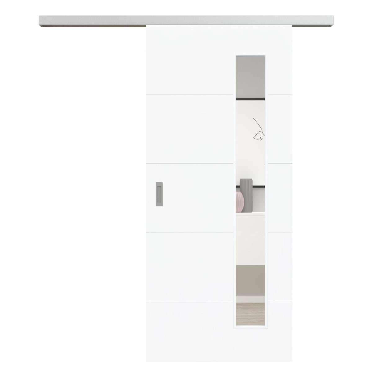 Schiebetür für Set mit Edelstahllaufkasten mit Lichtausschnitt brillant-weiß 4 Rillen - Modell Designtür Q43LAB