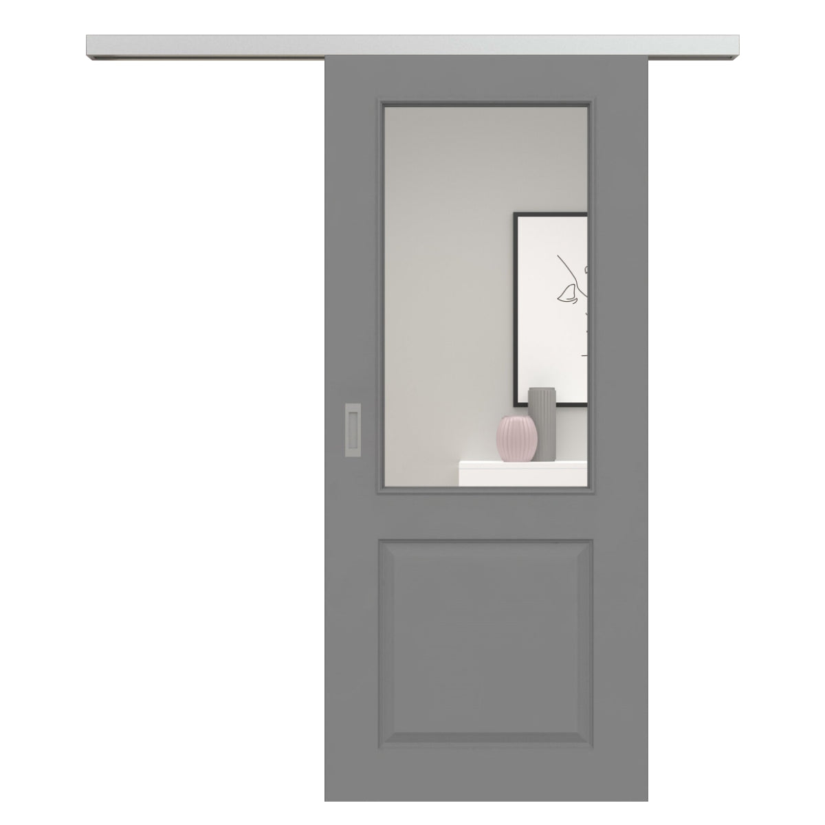 Schiebetür für Set mit Edelstahllaufkasten mit Lichtausschnitt grau 2 Kassetten - Modell Stiltür K27LA
