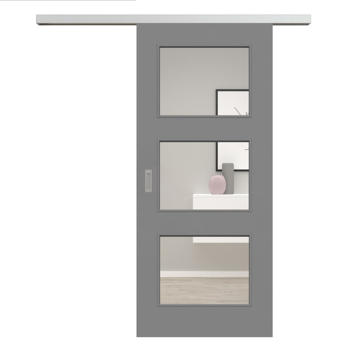Schiebetür für Set mit Edelstahllaufkasten mit Lichtausschnitt grau 3 Kassetten - Modell Stiltür M37LA3