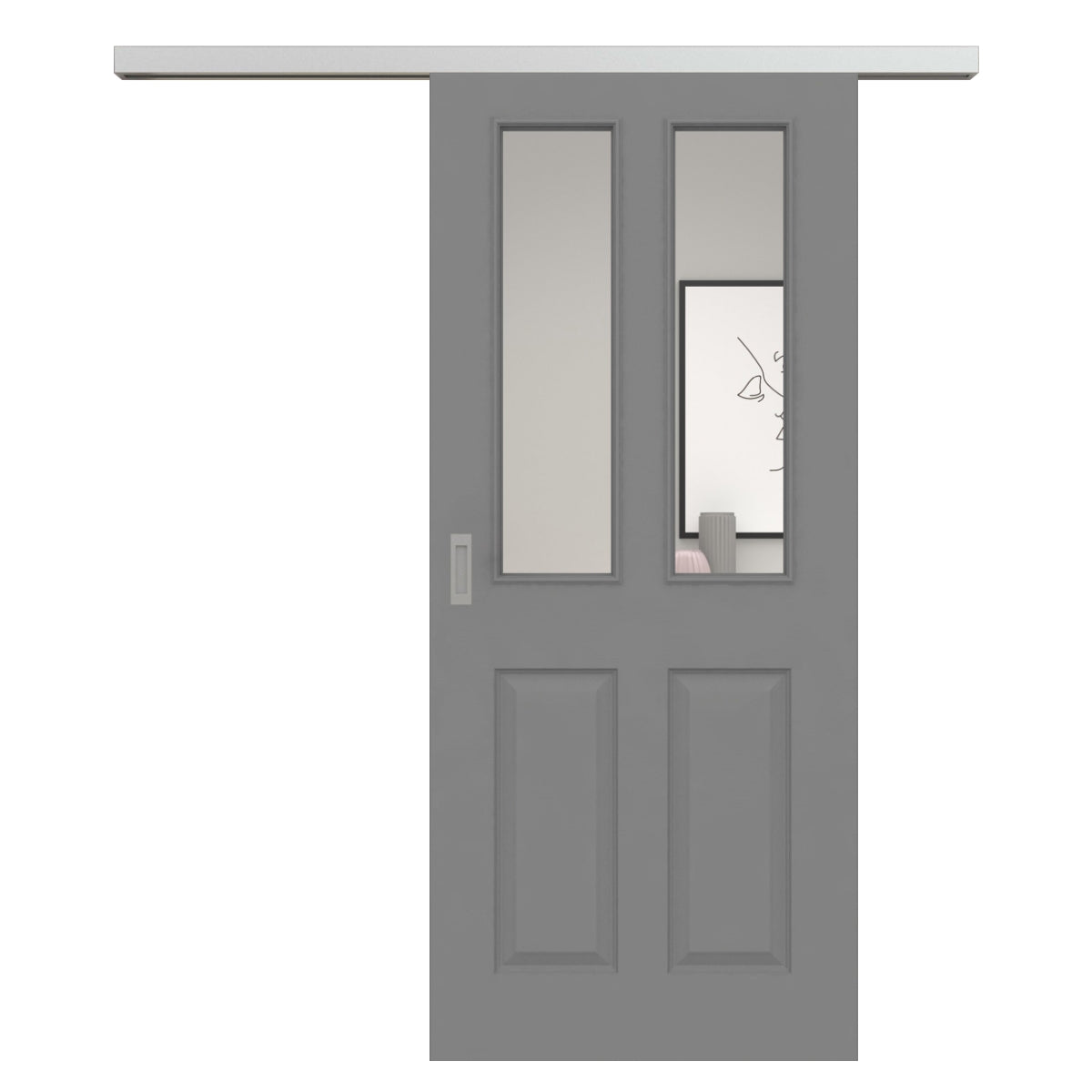Schiebetür für Set mit Edelstahllaufkasten mit Lichtausschnitt grau 4 Kassetten - Modell Stiltür K47LA2