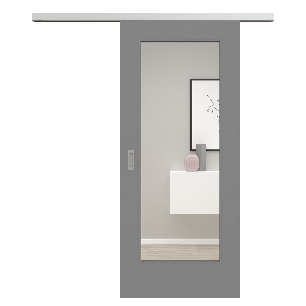 Schiebetür für Set mit Edelstahllaufkasten mit Lichtausschnitt groß grau glatt - Modell LA1