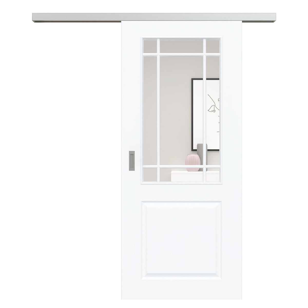 Schiebetür für Set mit Edelstahllaufkasten mit Lichtausschnitt mit Sprossenrahmen klassisch brillant-weiß 2 Kassetten - Modell Stiltür K23LASPK