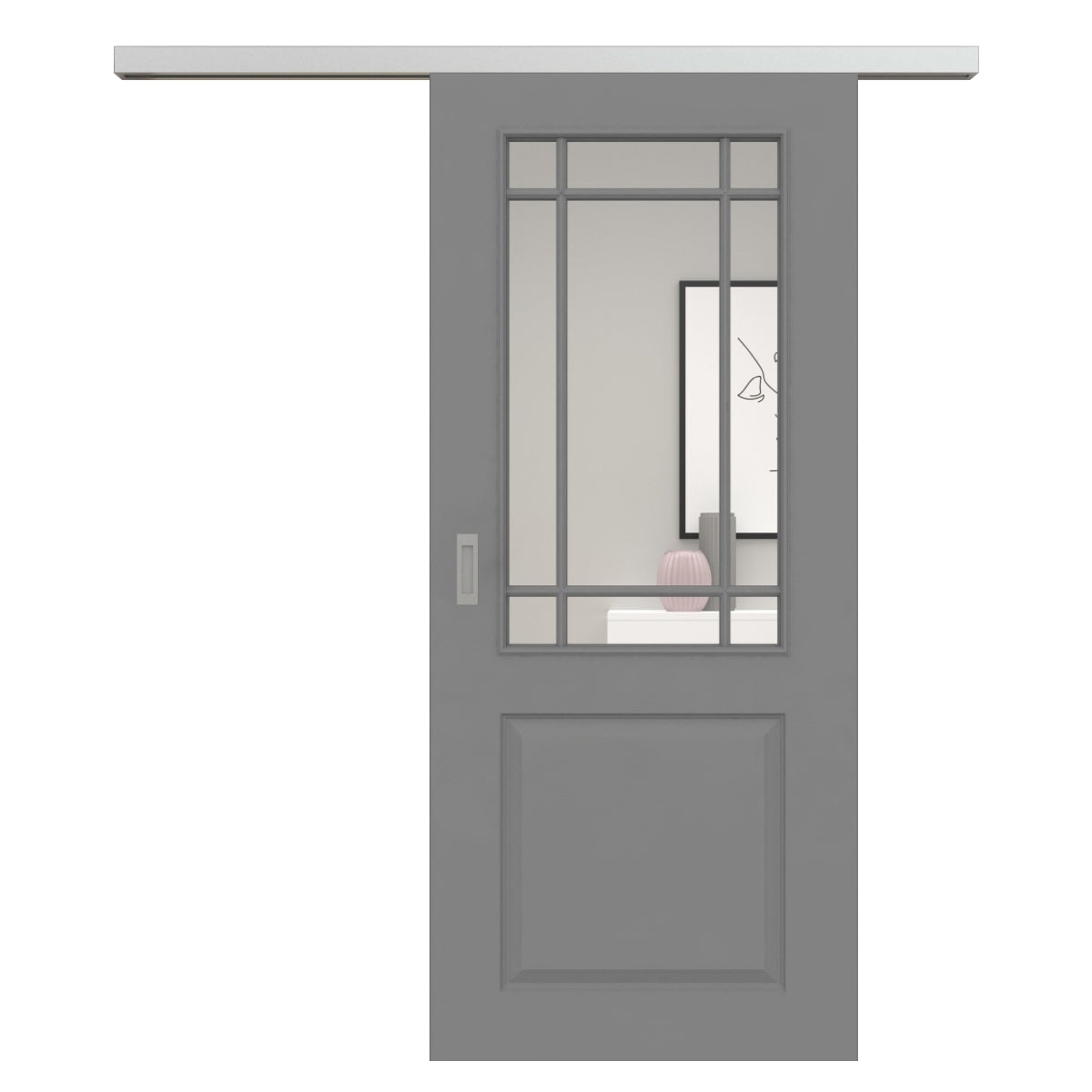 Schiebetür für Set mit Edelstahllaufkasten mit Lichtausschnitt mit Sprossenrahmen klassisch grau 2 Kassetten - Modell Stiltür K27LASPK