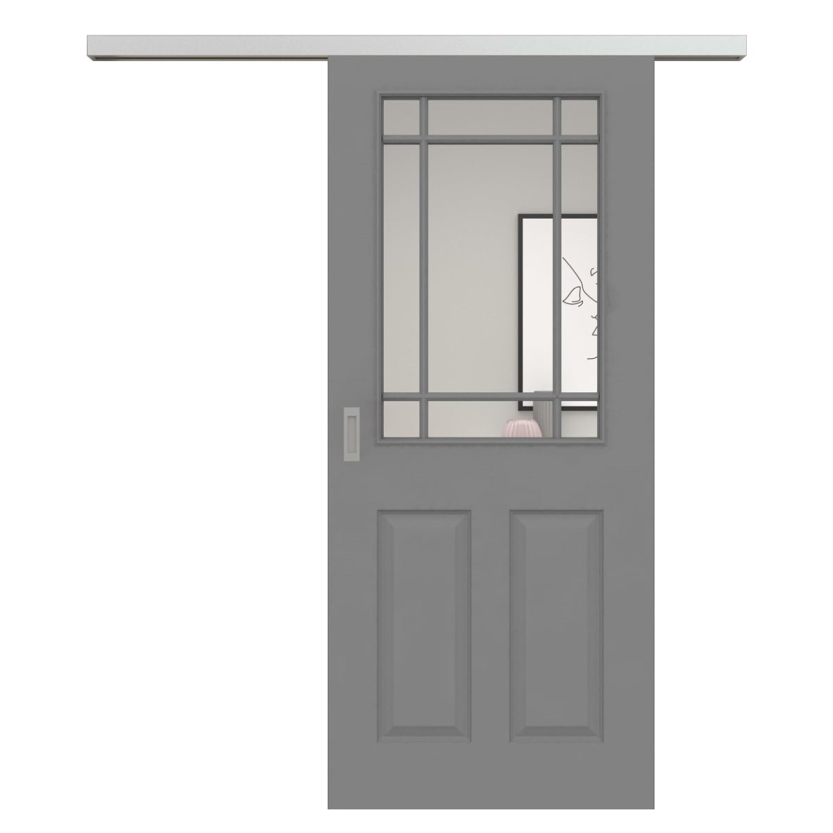 Schiebetür für Set mit Edelstahllaufkasten mit Lichtausschnitt mit Sprossenrahmen klassisch grau 4 Kassetten - Modell Stiltür K47LASPK