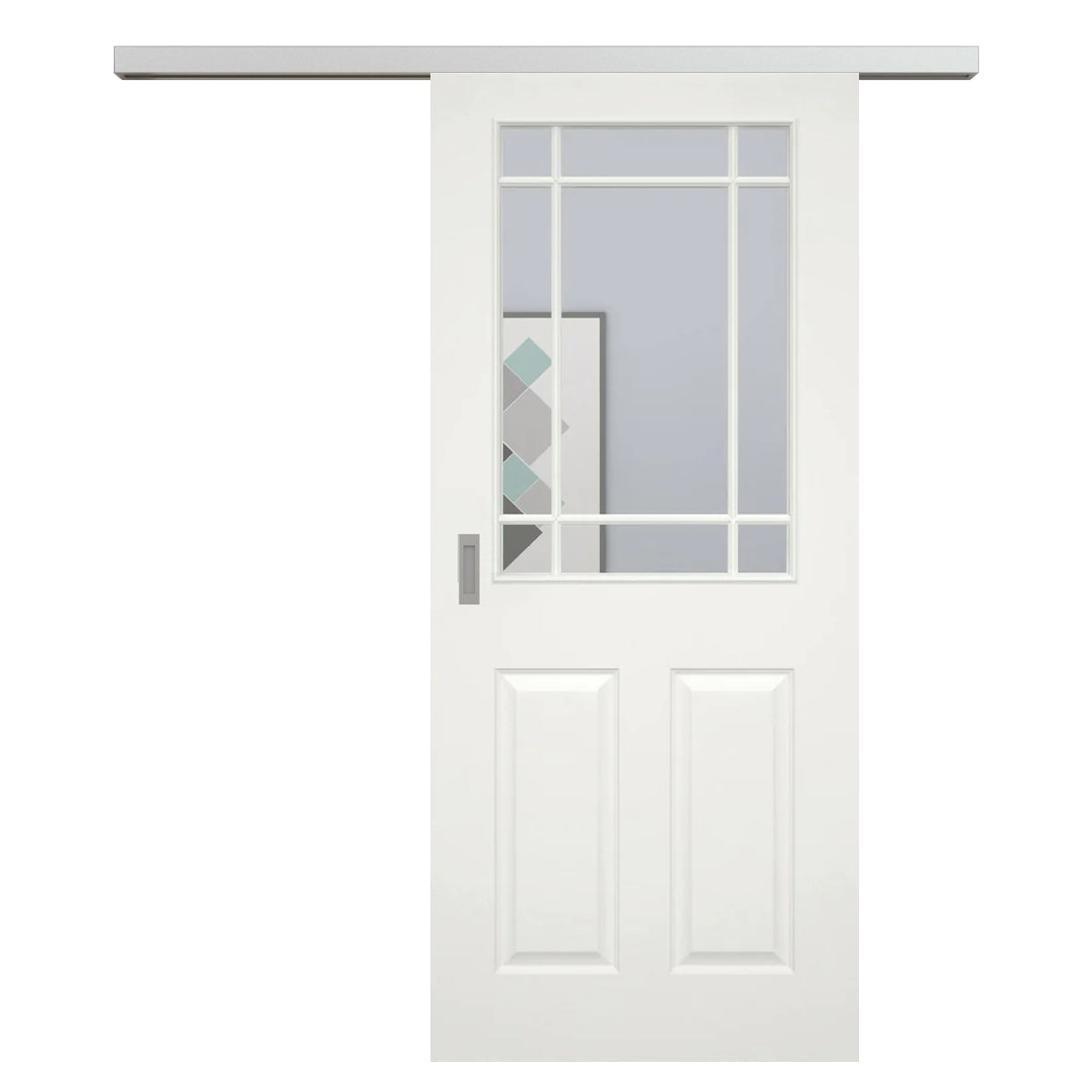 Schiebetür für Set mit Edelstahllaufkasten mit Lichtausschnitt mit Sprossenrahmen klassisch soft-weiß 4 Kassetten - Modell Stiltür K41LASPK