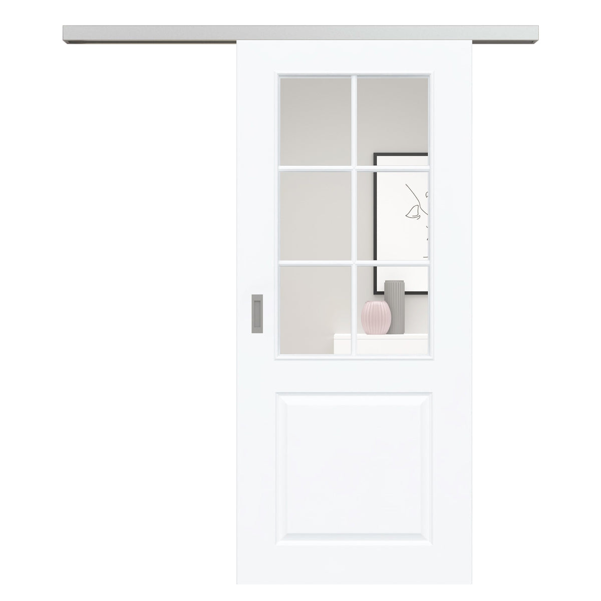 Schiebetür für Set mit Edelstahllaufkasten mit Lichtausschnitt mit Sprossenrahmen standard brillant-weiß 2 Kassetten - Modell Stiltür K23LASPS