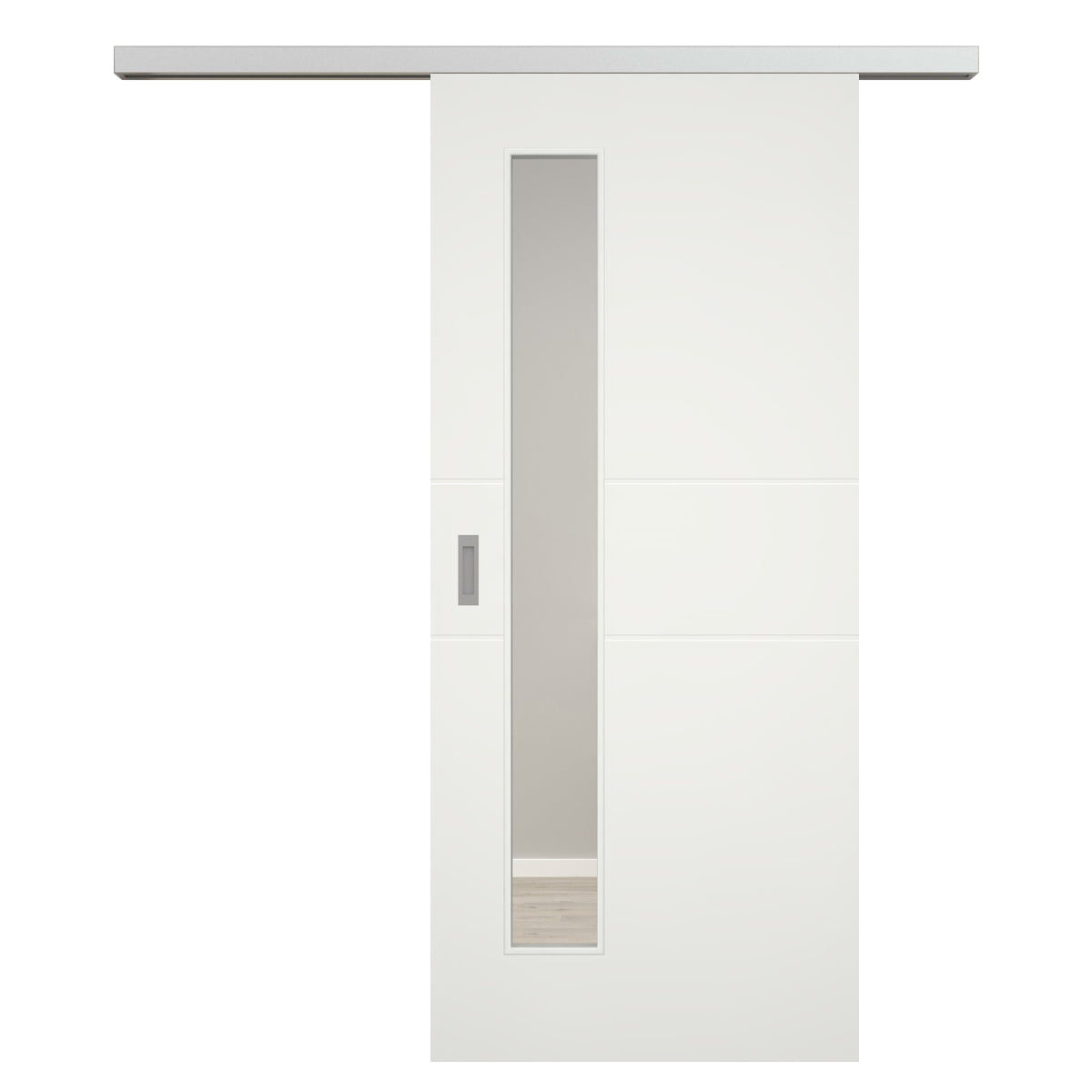 Schiebetür für Set mit Edelstahllaufkasten mit Lichtausschnittsoft-weiß 2 Rillen - Modell Designtür Q21LAS