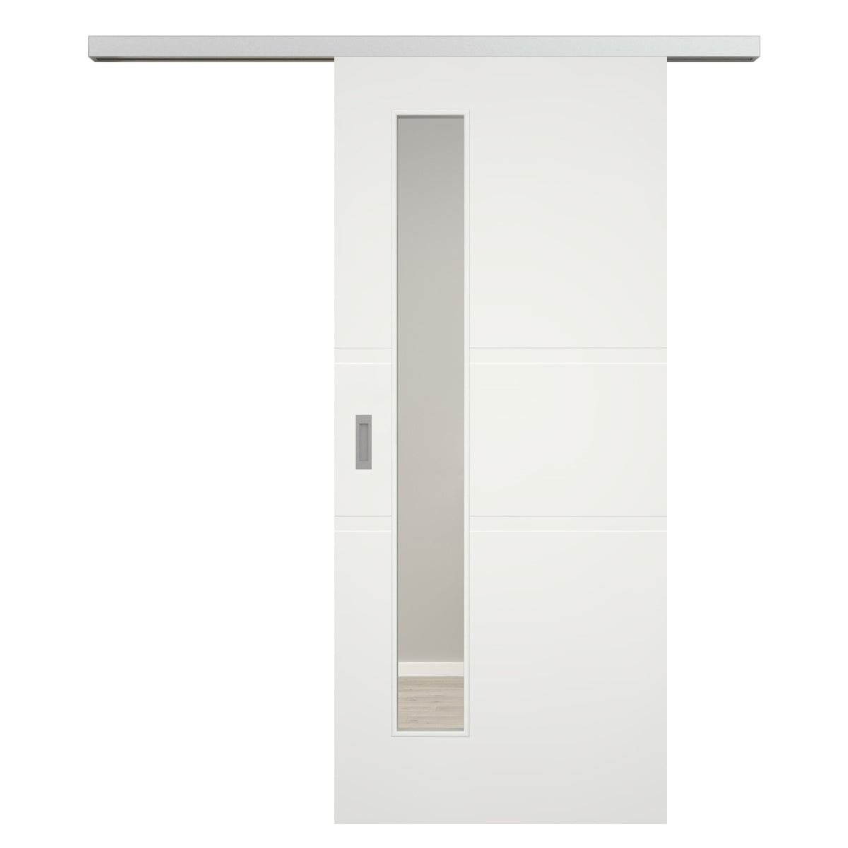 Schiebetür für Set mit Edelstahllaufkasten mit Lichtausschnitt soft-weiß 2 breite Rillen - Modell Designtür QB21LAS