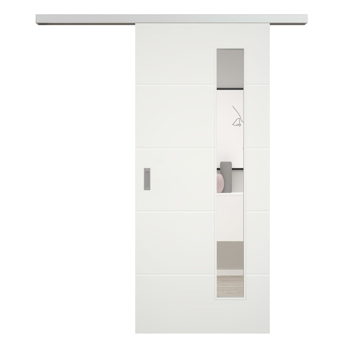 Schiebetür für Set mit Edelstahllaufkasten mit Lichtausschnitt soft-weiß 4 Rillen - Modell Designtür Q41LAB