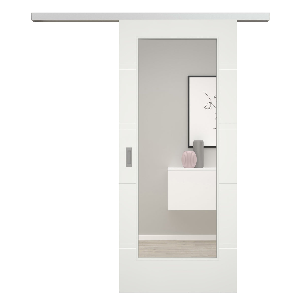 Schiebetür für Set mit Edelstahllaufkasten mit Lichtausschnitt soft-weiß 4 breite Rillen - Modell Designtür QB41LA