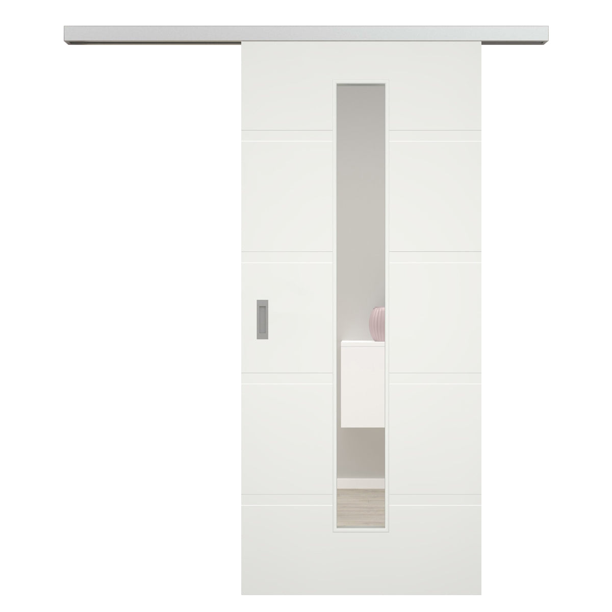 Schiebetür für Set mit Edelstahllaufkasten mit Lichtausschnitt soft-weiß 4 breite Rillen - Modell Designtür QB41LAM