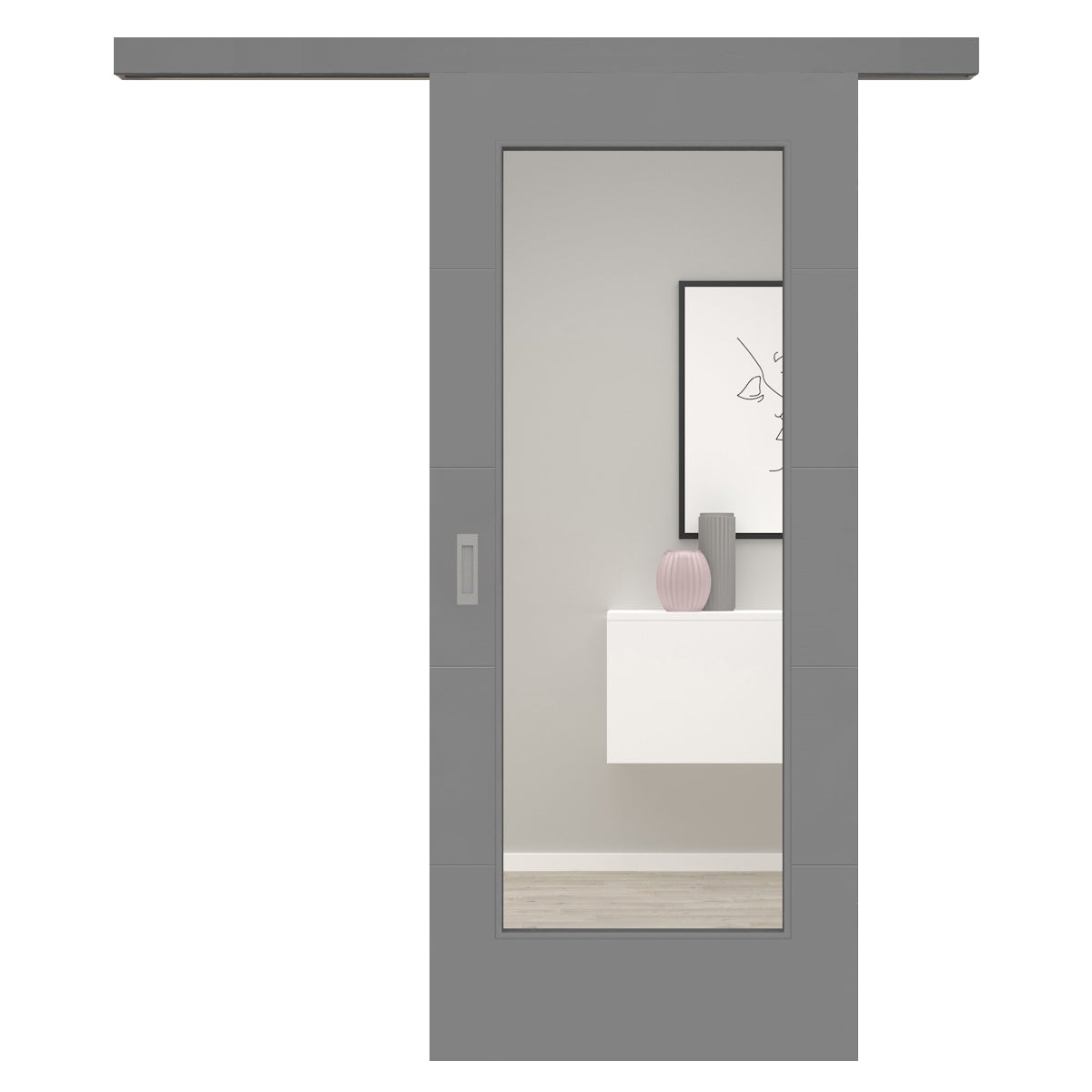 Schiebetür für Set mit grauem Laufkasten mit Lichtausschnitt grau 4 Rillen quer - Modell Designtür Q47LA