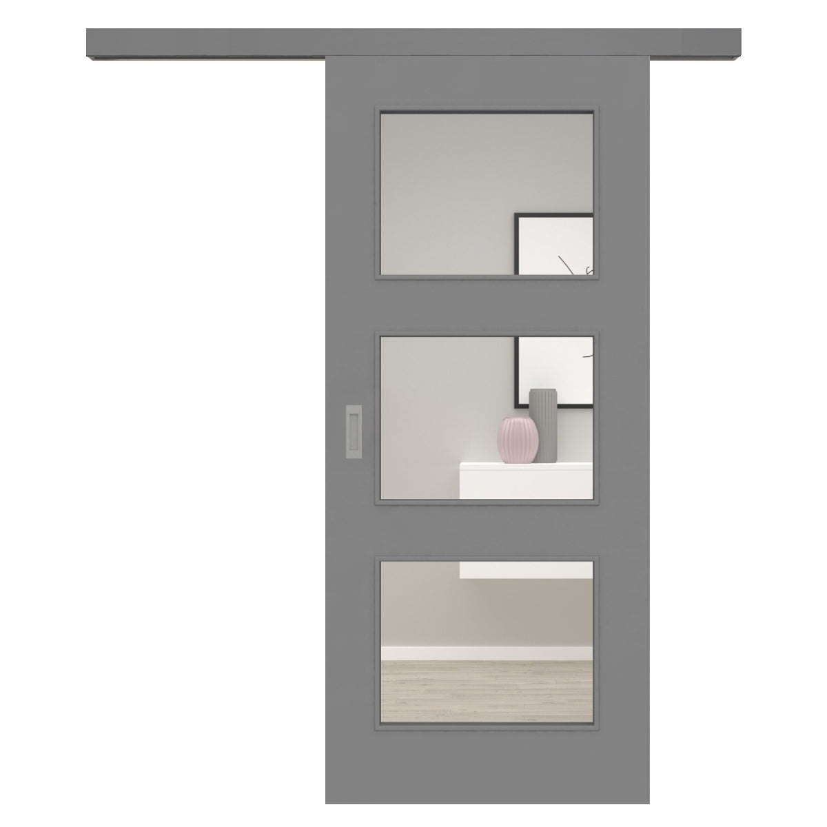 Schiebetür für Set mit grauem Laufkasten mit Lichtausschnitt grau glatt - Modell LA3