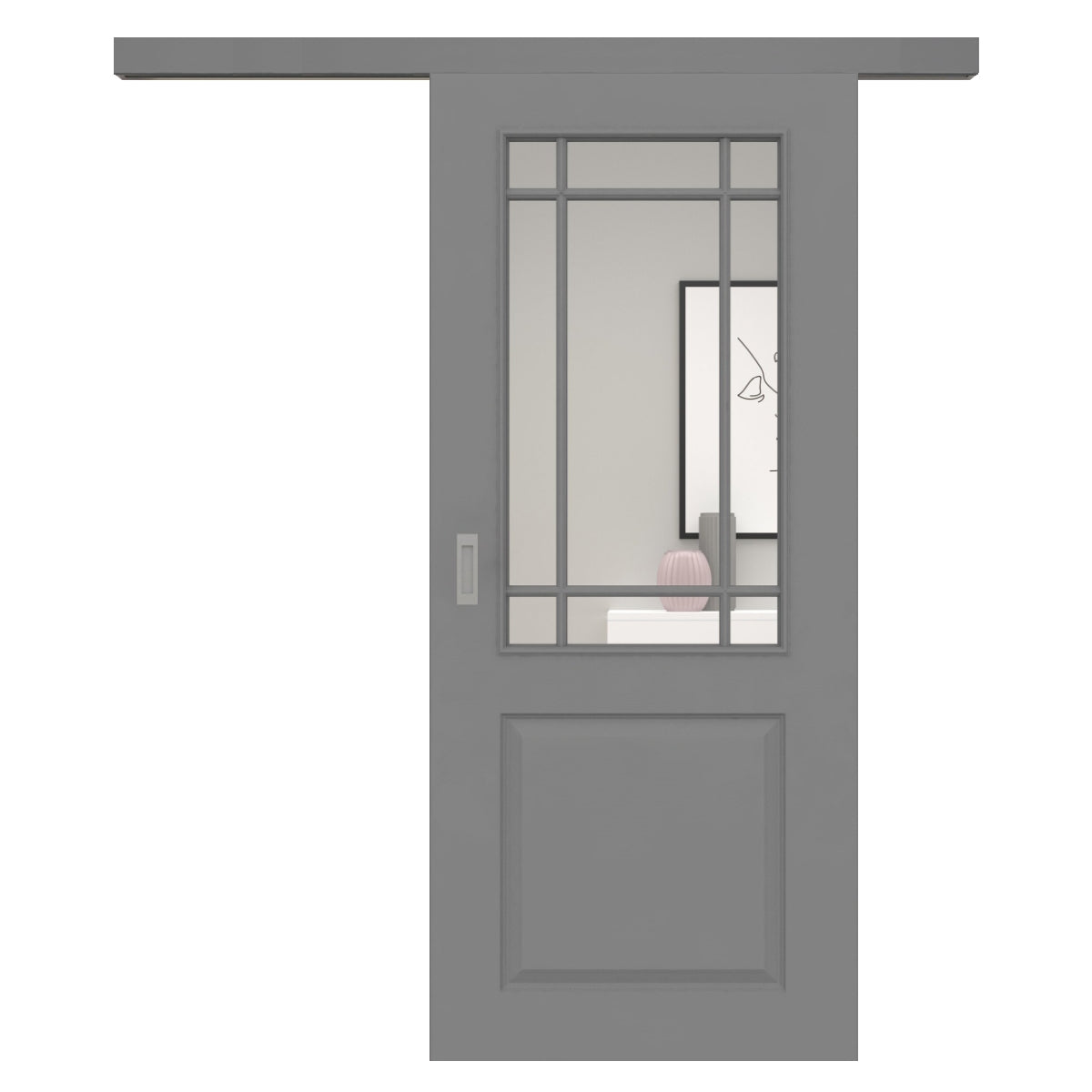 Schiebetür für Set mit grauem Laufkasten mit Lichtausschnitt mit Sprossenrahmen klassisch grau 2 Kassetten - Modell Stiltür K27LASPK