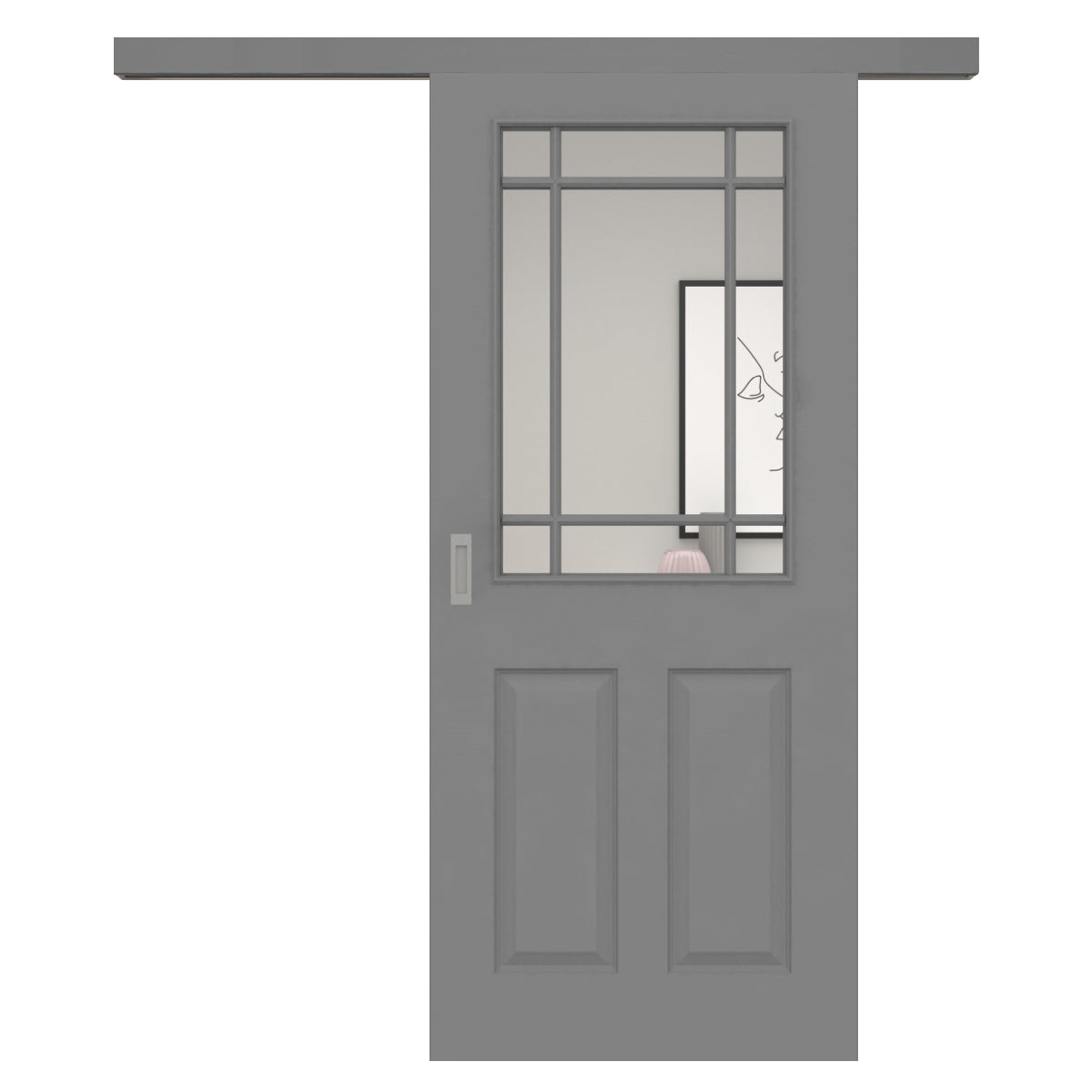 Schiebetür für Set mit grauem Laufkasten mit Lichtausschnitt mit Sprossenrahmen klassisch grau 4 Kassetten - Modell Stiltür K47LASPK