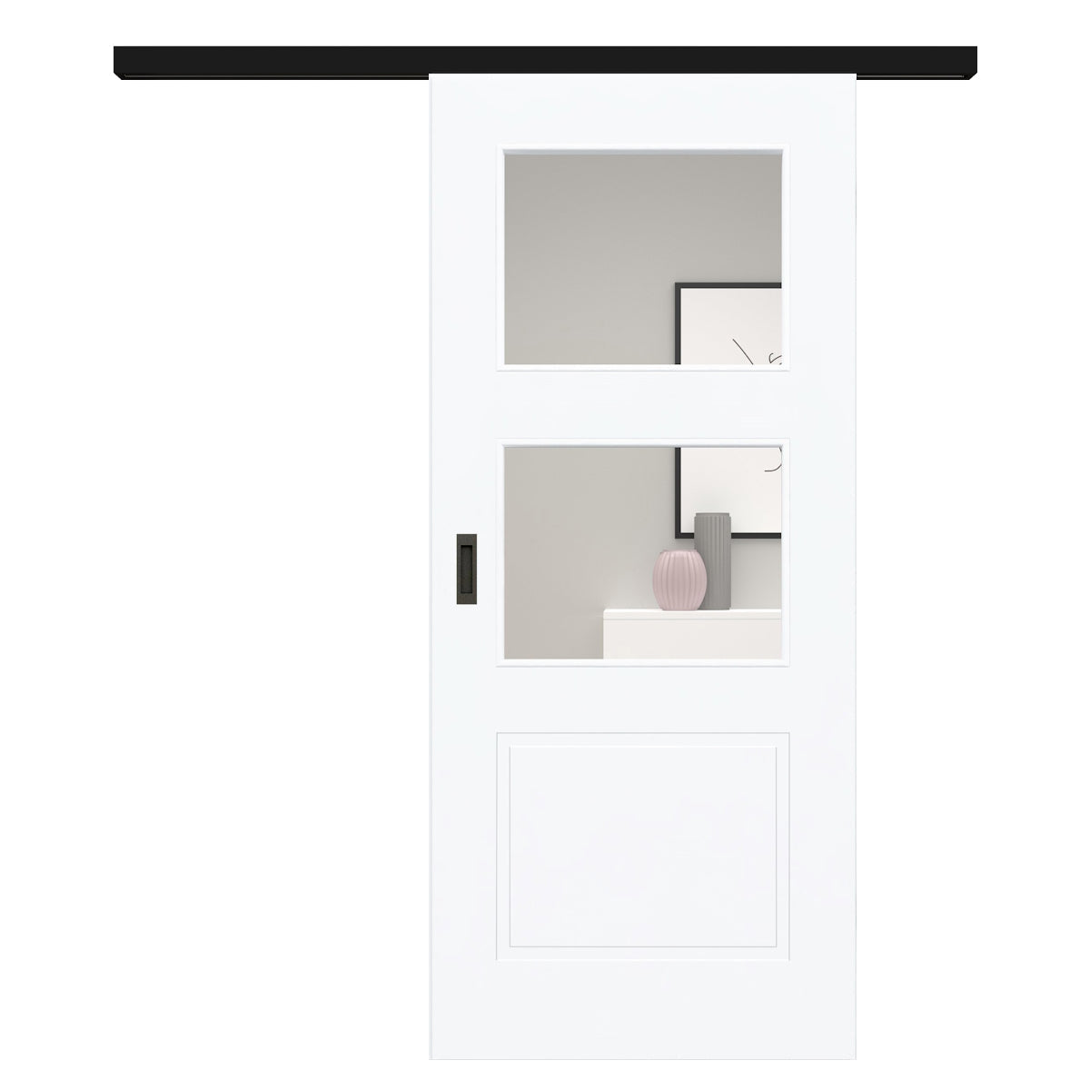 Schiebetür für Set mit schwarzem Laufkasten mit Lichtausschnitt brillant-weiß 3 Kassetten - Modell Stiltür M33LA2