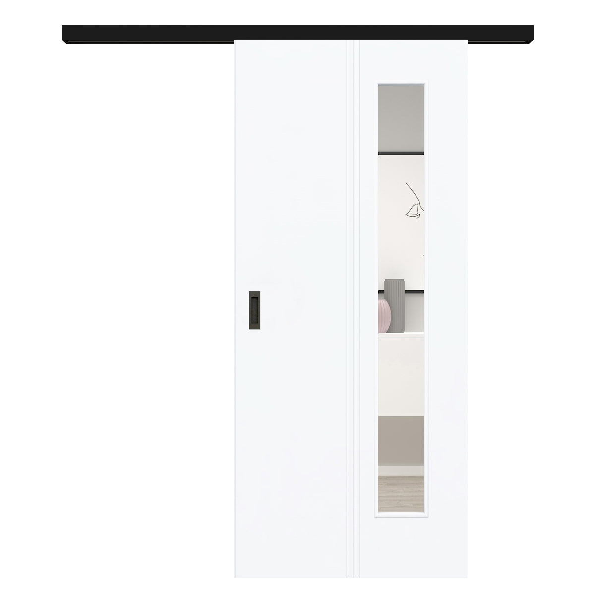 Schiebetür für Set mit schwarzem Laufkasten mit Lichtausschnitt brillant-weiß 3 Rillen aufrecht - Modell Designtür VM33LAB