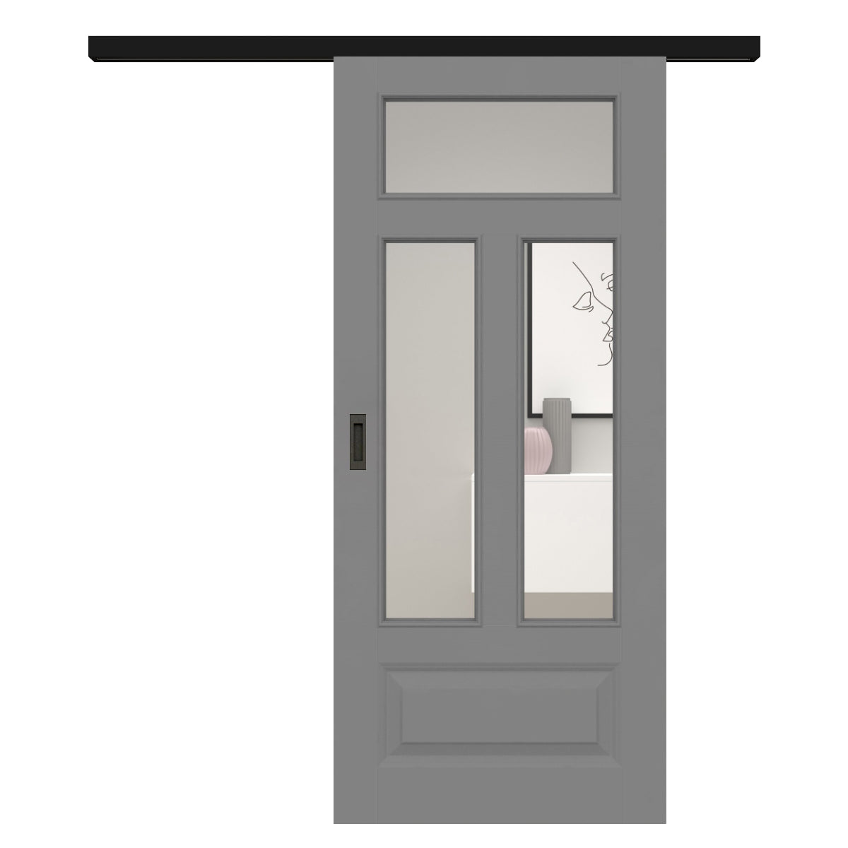 Schiebetür für Set mit schwarzem Laufkasten mit Lichtausschnitt grau 4 Kassetten Quer - Modell Stiltür KQ47LA3