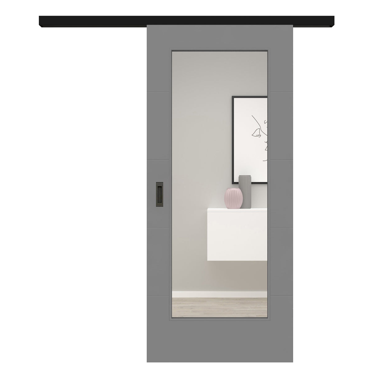 Schiebetür für Set mit schwarzem Laufkasten mit Lichtausschnitt grau 4 Rillen quer - Modell Designtür Q47LA